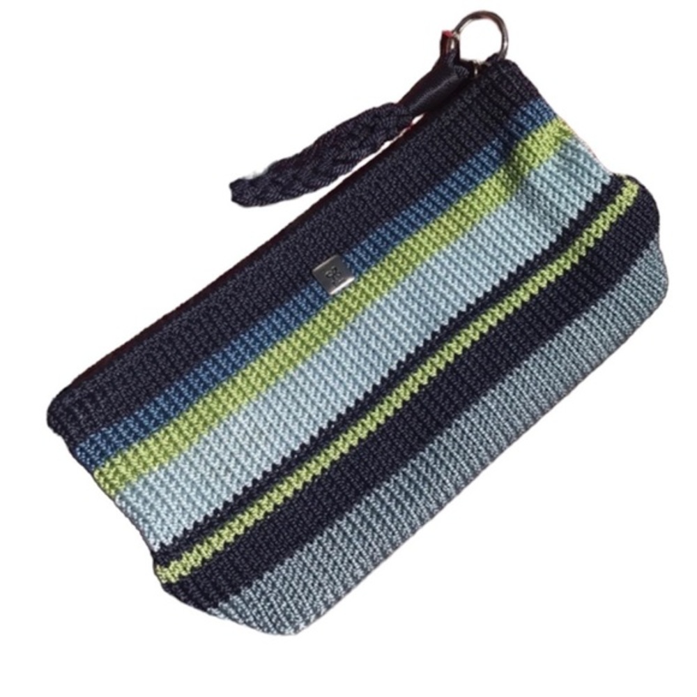 Lina Woven Stripe Wristlet Clutch Blue Green Knit Purse Floral Lining